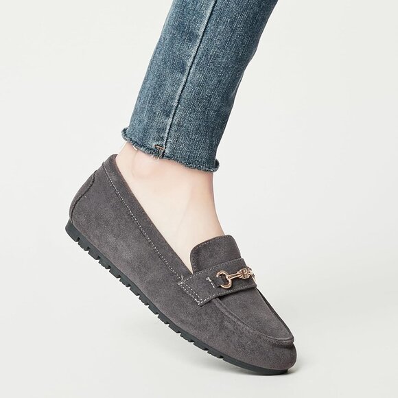 Women's Dark Grey Suede  Arch Support Casual Slip on Comfort Penny Loafers - Picture 5 of 9